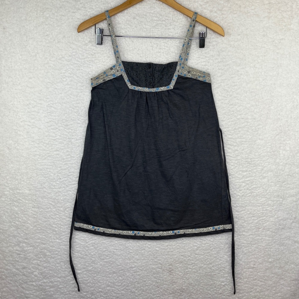 Womens Charcoal Gray Floral Trim Lace Cami Tank Top Small Boho Tie Waist y2k